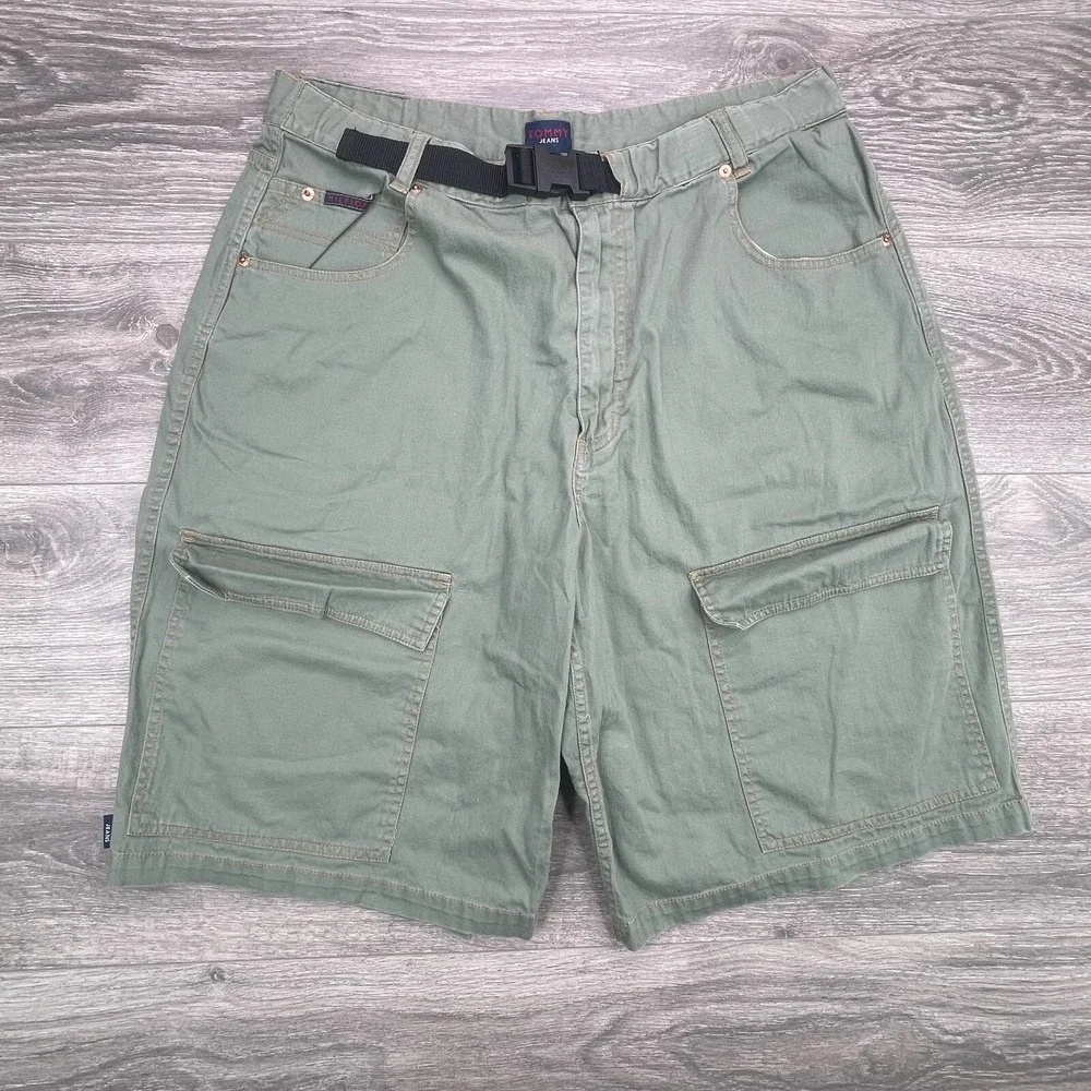 Vintage Tommy Hilfiger Cargo Shorts Mens 36 Green Belted Utility Baggy Y2K